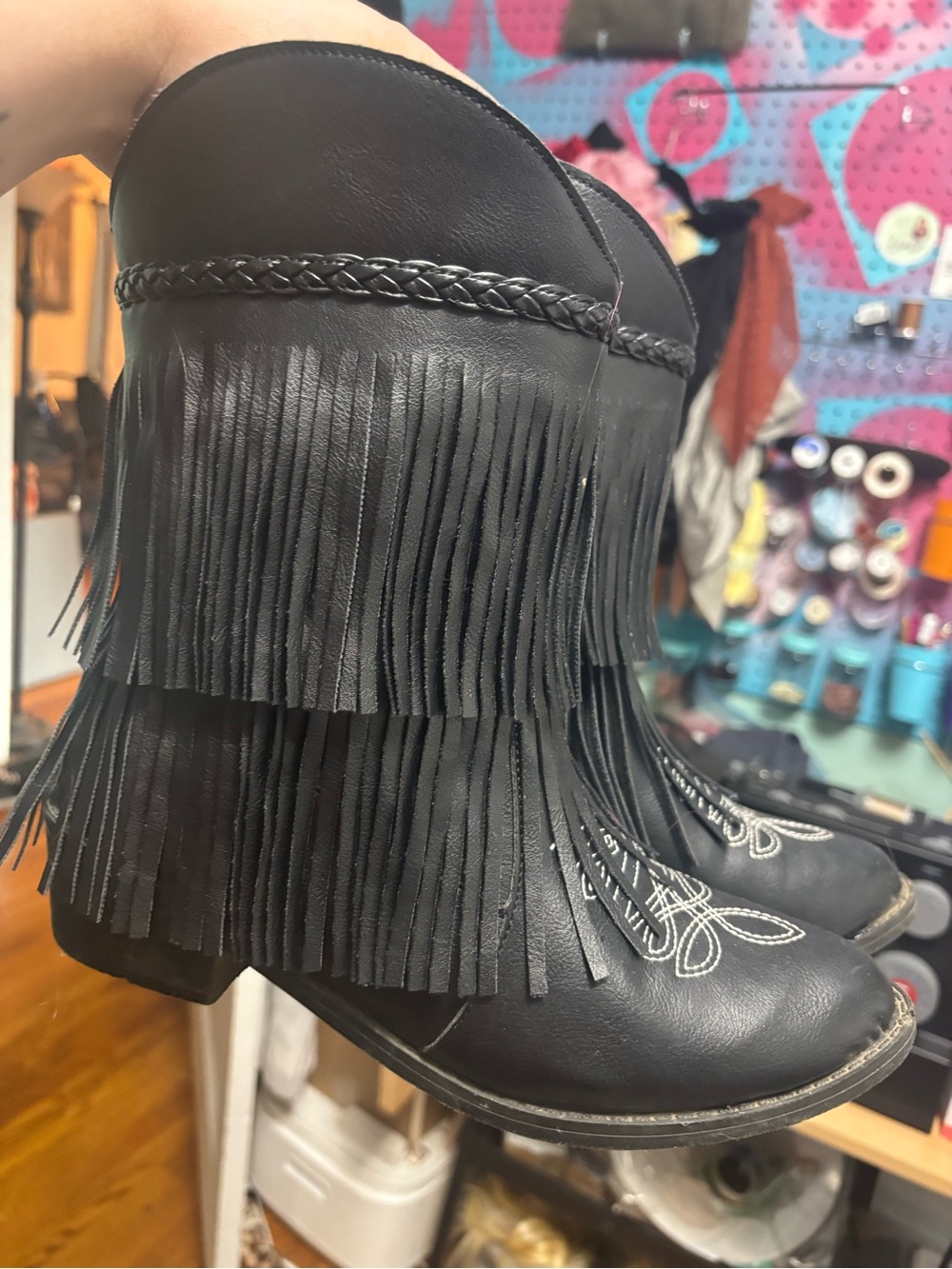 SHEIN Black Fringe Western Ankle Boots with Braided Trim